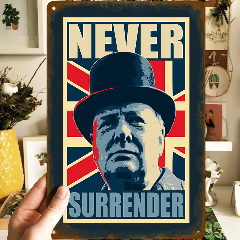 2D Flat,  Vintage Churchill Style "Never Surrender" Aluminum Wall Art - Rustic Metal Poster with British Flag Design