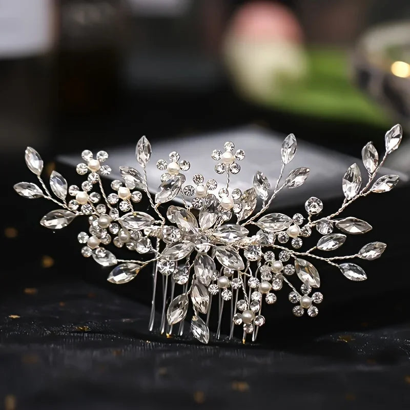 Bridal Rhinestone Flower Pearl Hair Comb Pin