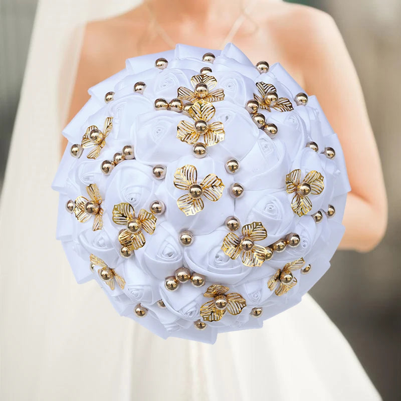 Luxury Diamond Pearl Silk Rose Handmade Bridesmaid Bouquet