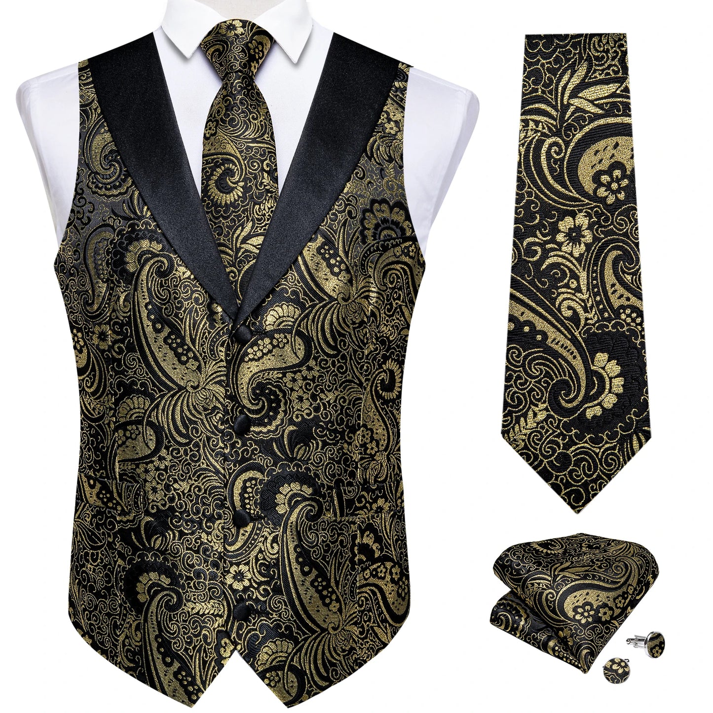 Men's Paisley Silk Waistcoat Matching Tie and Cufflinks