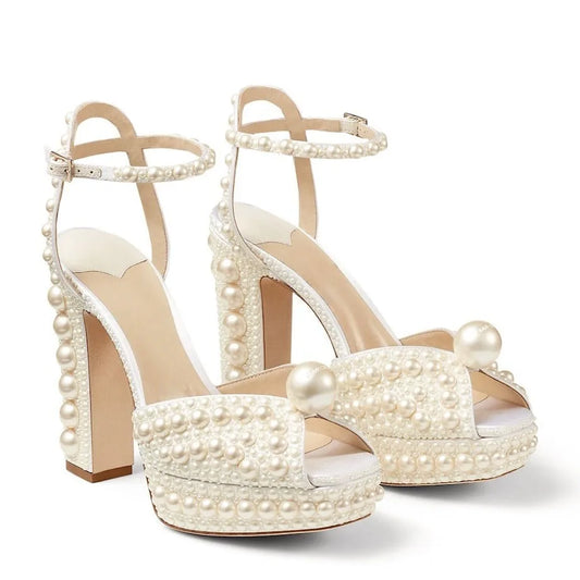 Ivory Pearl Embellished Peep Toe Bridal Shoes