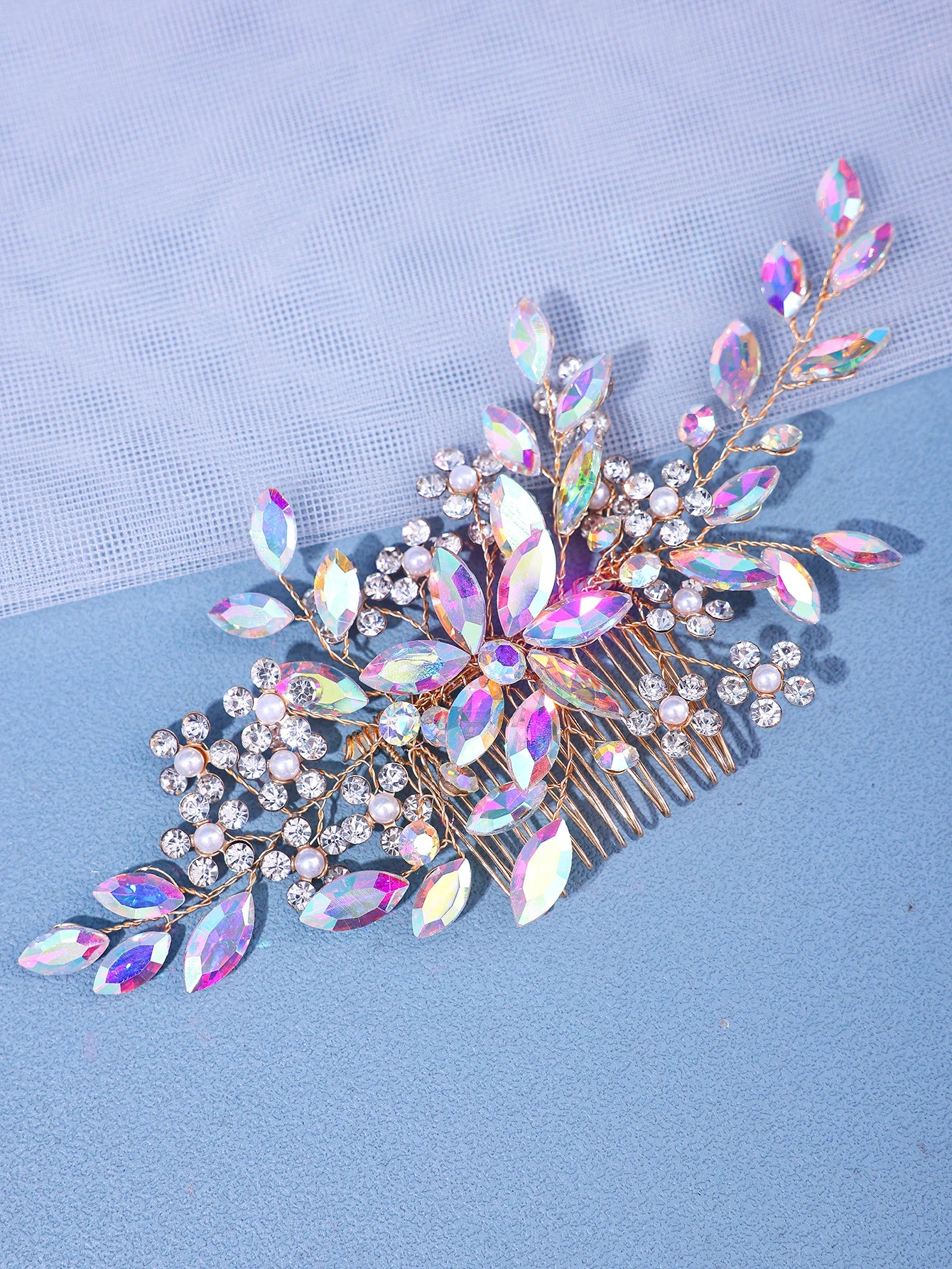 Bridal Rhinestone Flower Pearl Hair Comb Pin