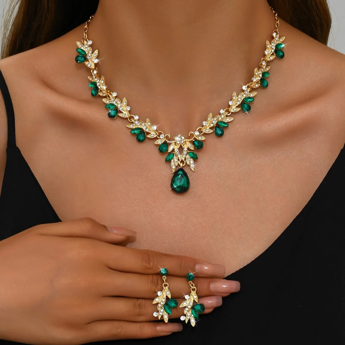 Bridal Costume Jewellery Set Leaf Pendant and Earrings