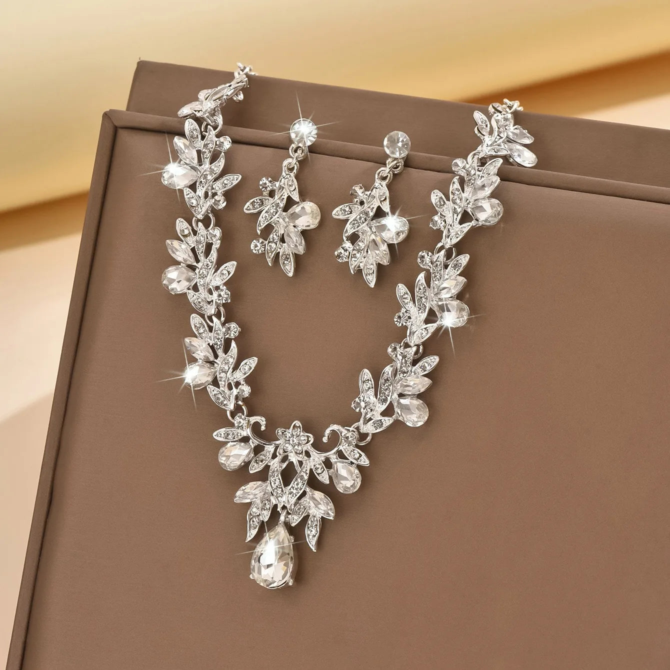 Bridal Costume Jewellery Set Leaf Pendant and Earrings