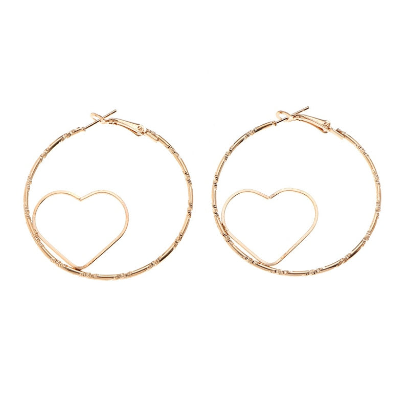 Large Metal Hoop Earrings Gold Heart