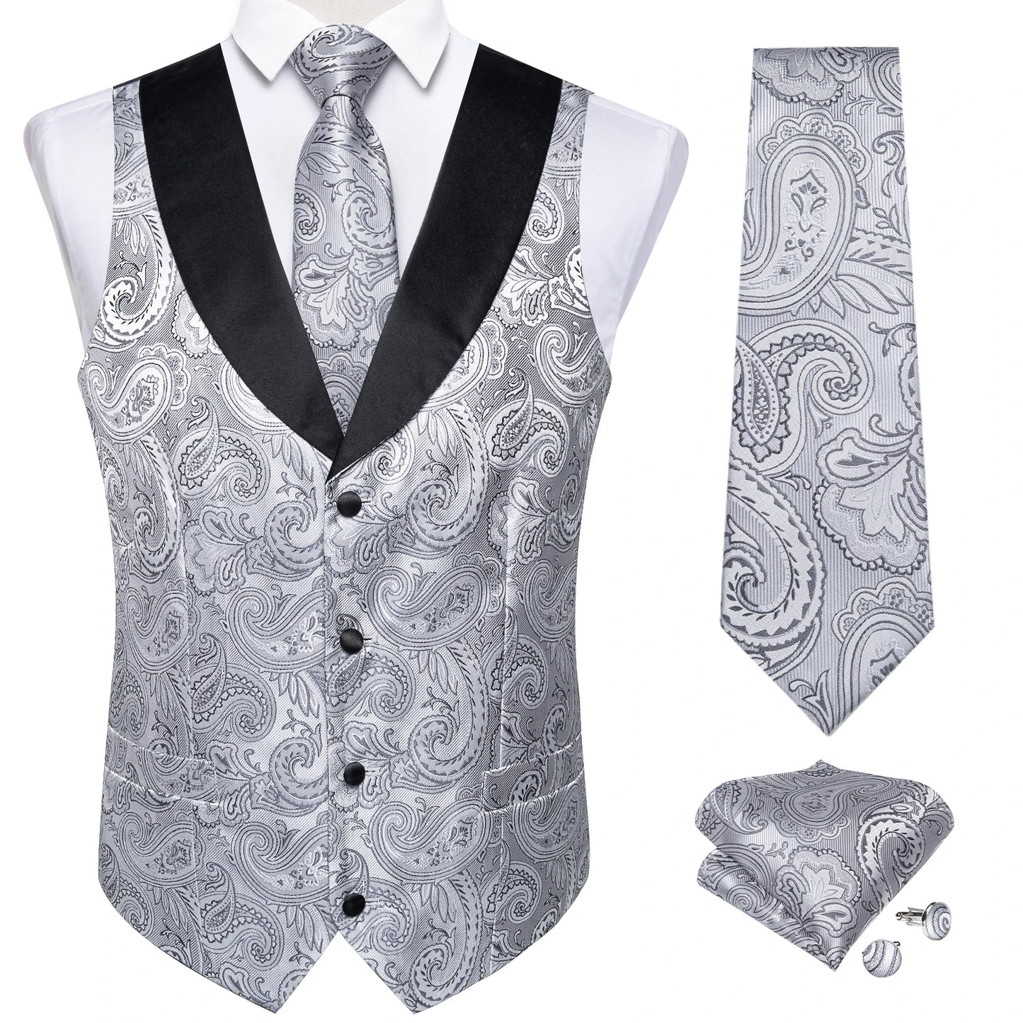 Men's Paisley Silk Waistcoat Matching Tie and Cufflinks