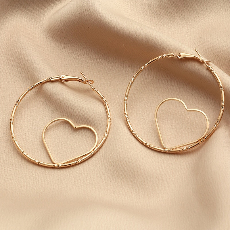 Large Metal Hoop Earrings Gold Heart