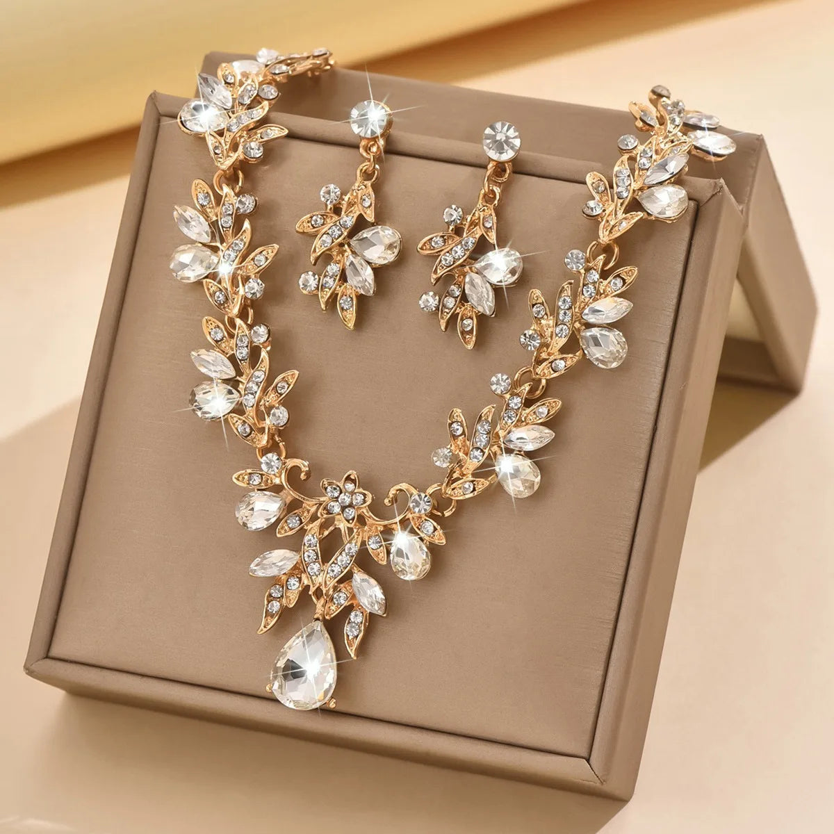 Bridal Costume Jewellery Set Leaf Pendant and Earrings
