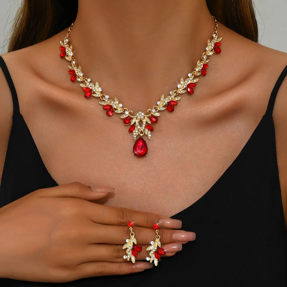 Bridal Costume Jewellery Set Leaf Pendant and Earrings