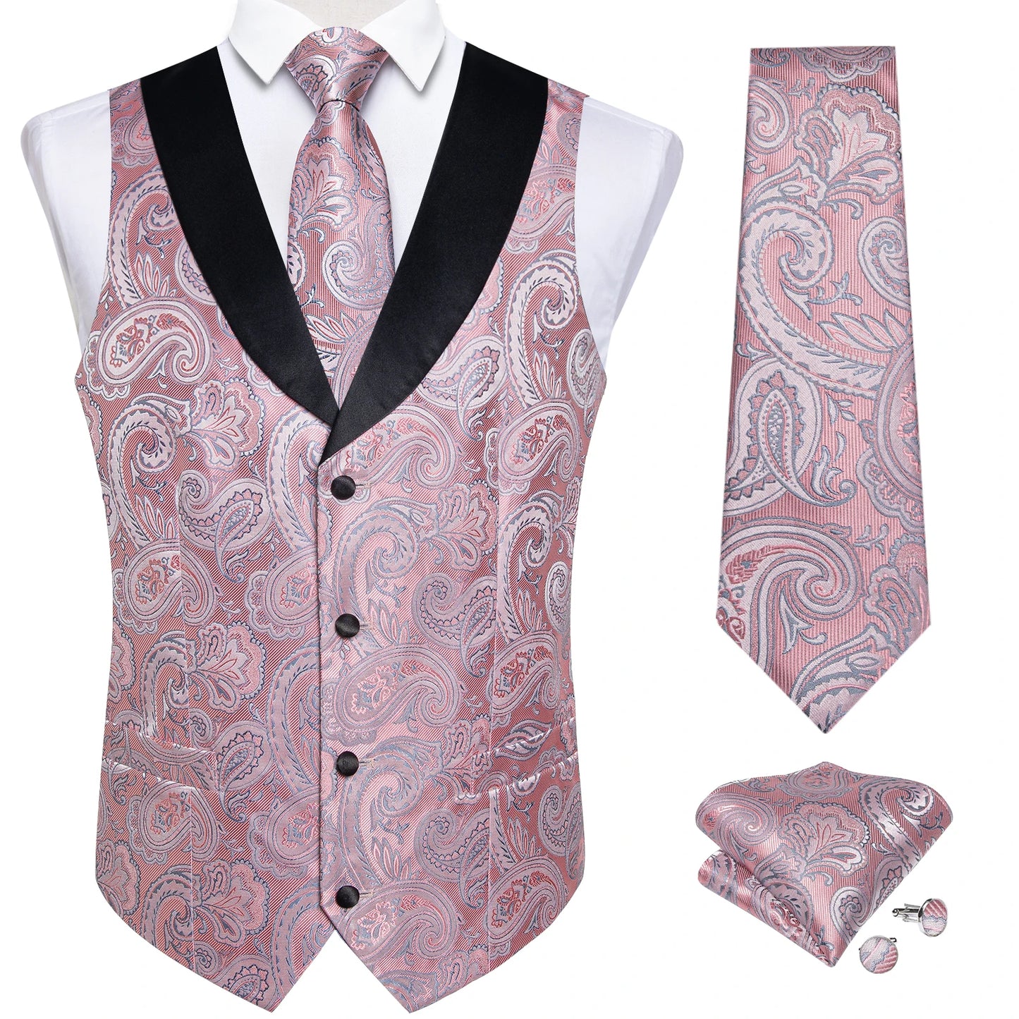Men's Paisley Silk Waistcoat Matching Tie and Cufflinks