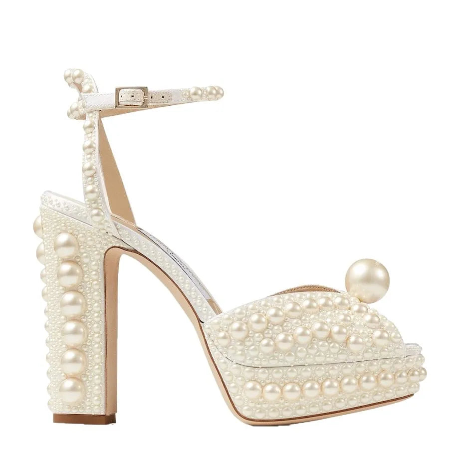 Ivory Pearl Embellished Peep Toe Bridal Shoes