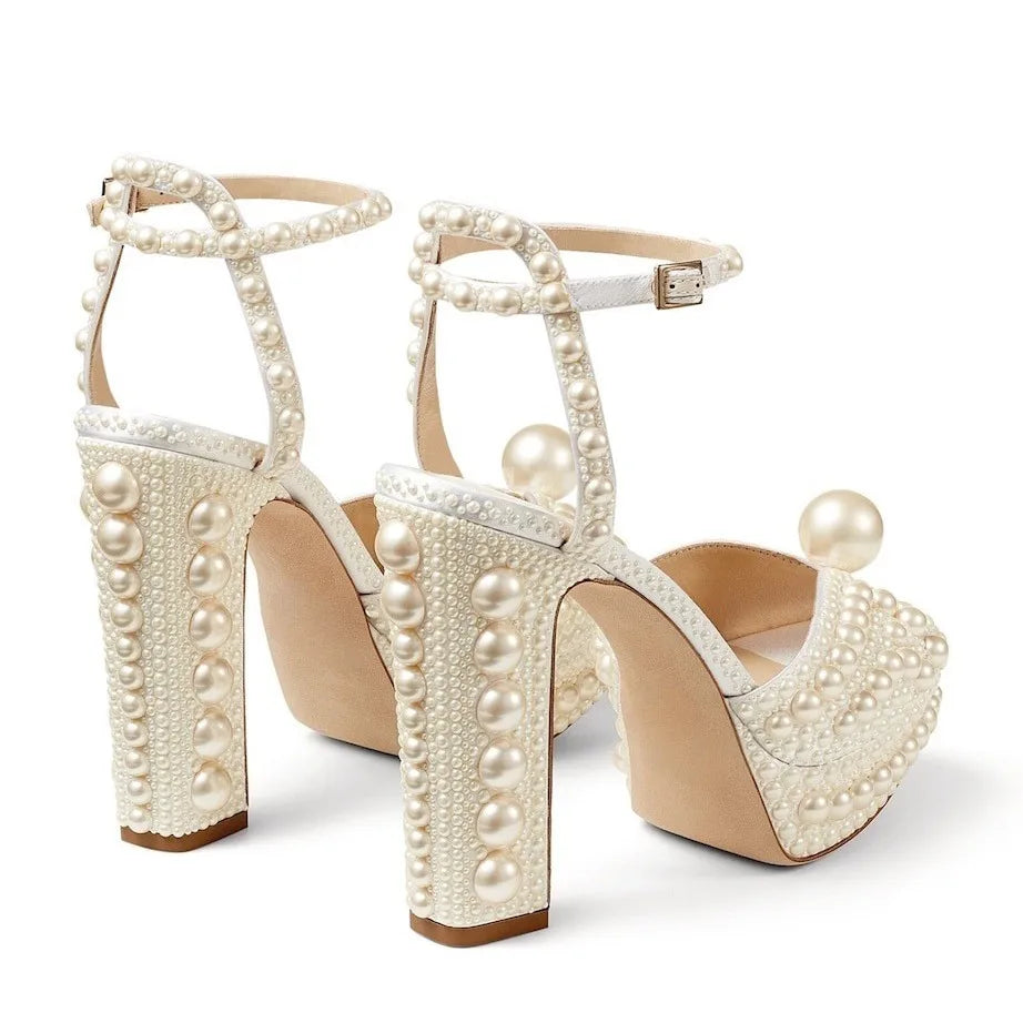Ivory Pearl Embellished Peep Toe Bridal Shoes