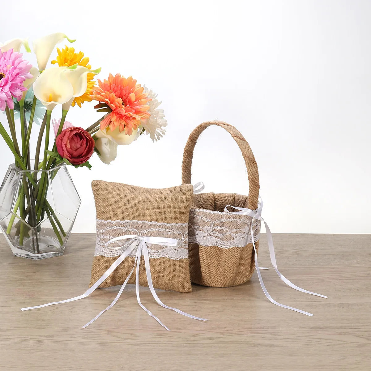 Ring Bearer Pillow and Flower Basket with Lace Flower Trim