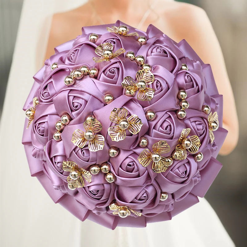 Luxury Diamond Pearl Silk Rose Handmade Bridesmaid Bouquet