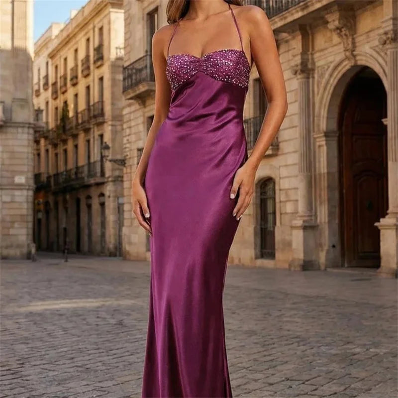 Sequin Halter Satin Dress