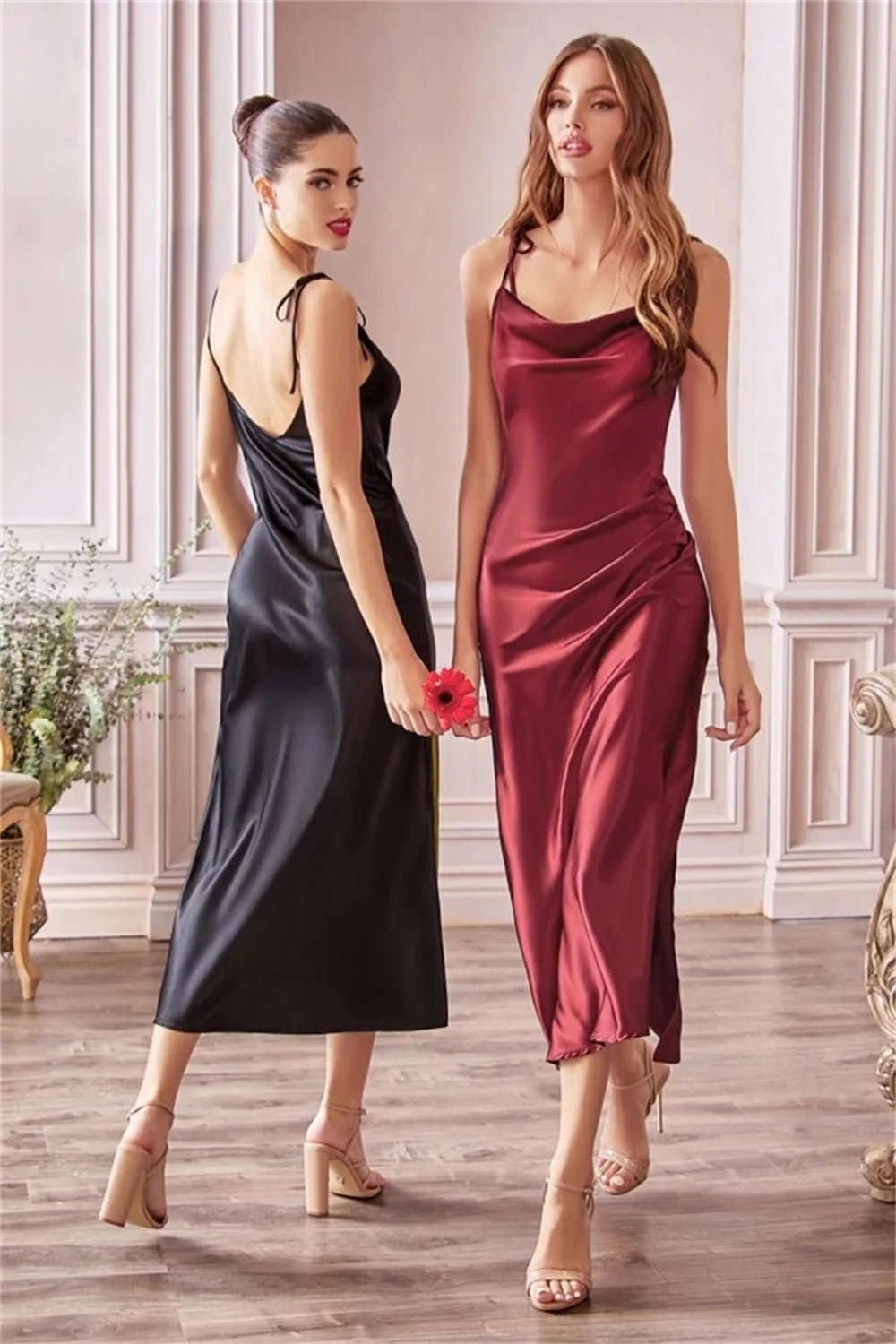 Satin Midi High Slit Tie Straps Evening Dress for Bridesmaid