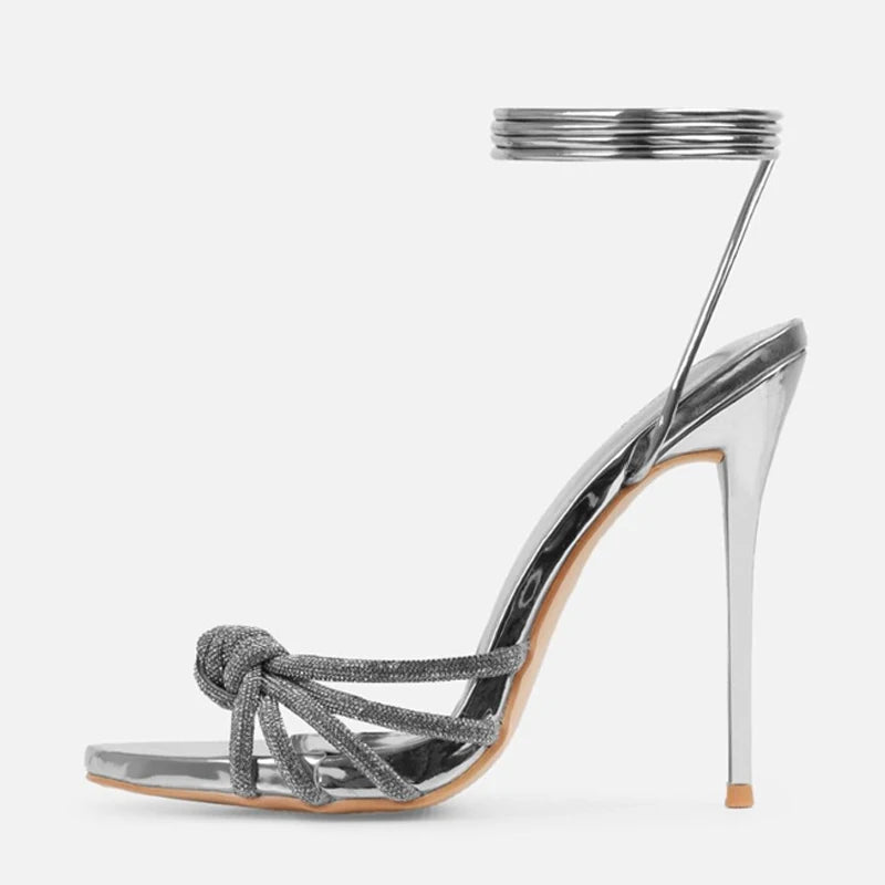 Silver Crystal Open Toe High Heels