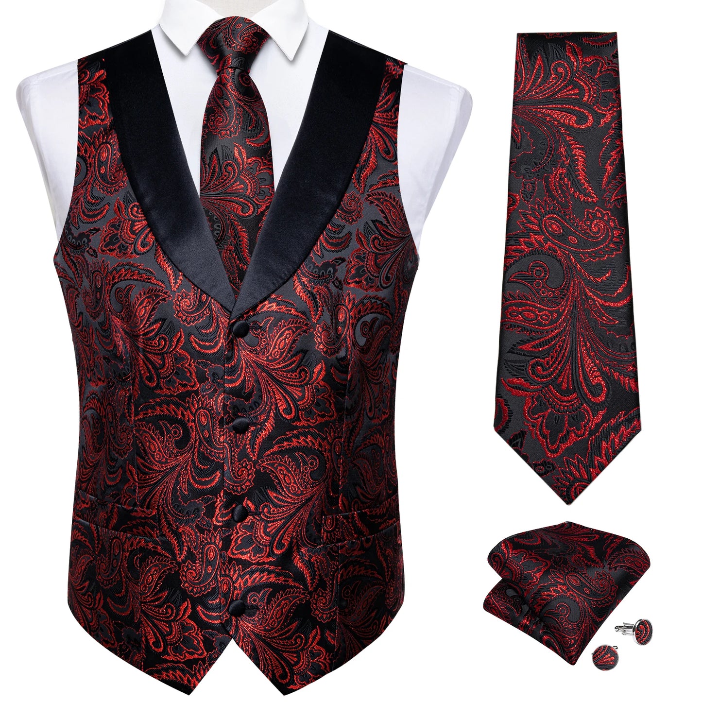 Men's Paisley Silk Waistcoat Matching Tie and Cufflinks