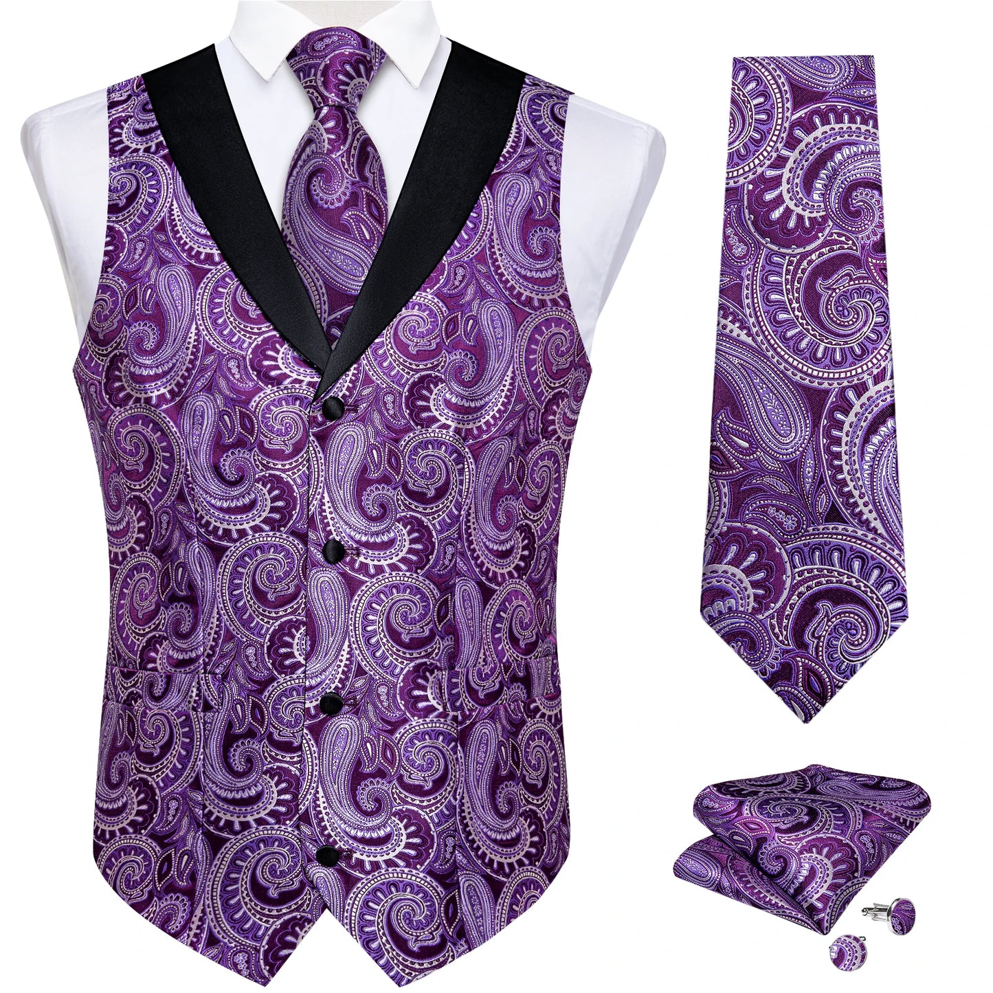 Men's Paisley Silk Waistcoat Matching Tie and Cufflinks
