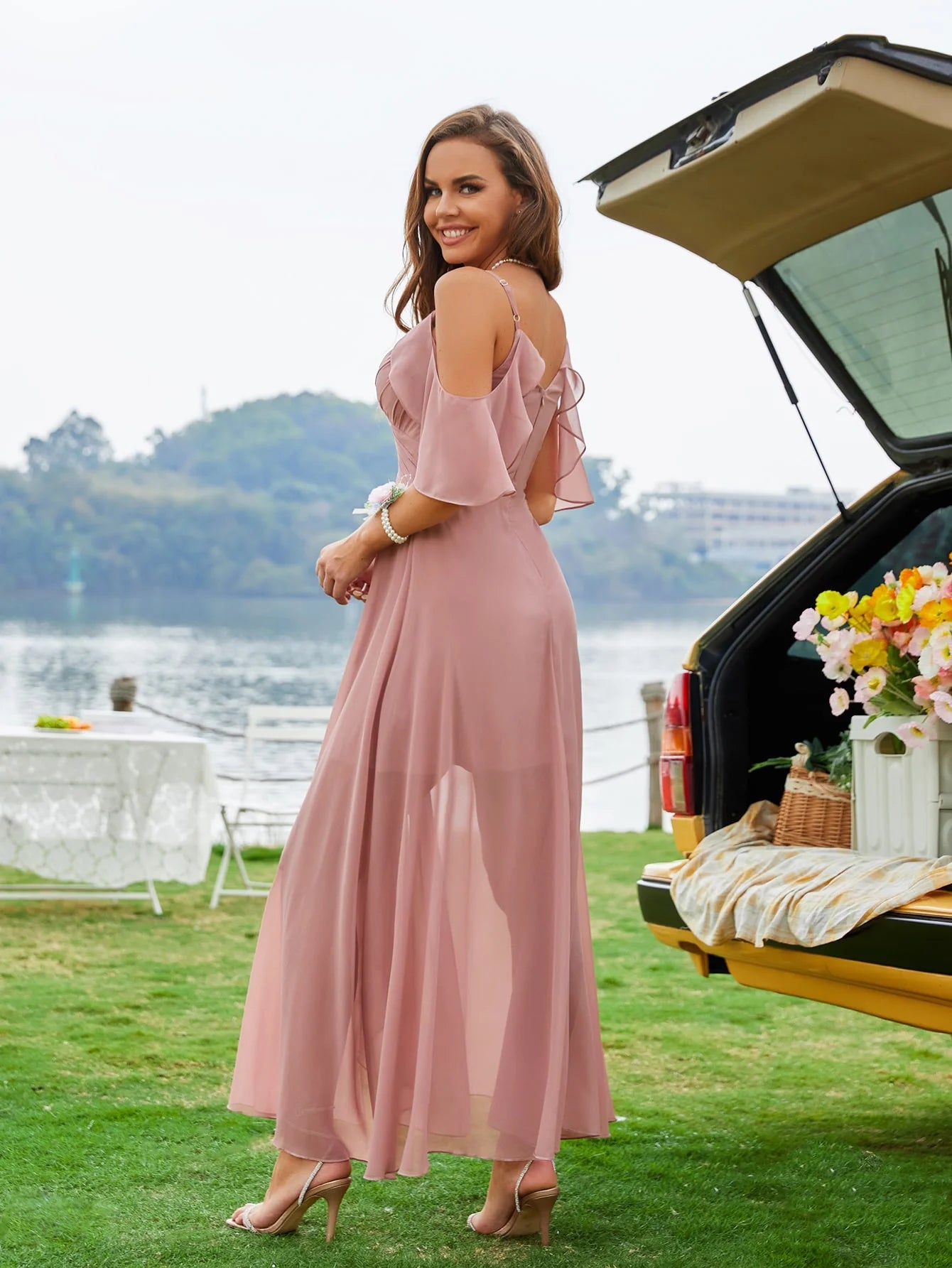 Chiffon Cold Shoulder Bridesmaid Dress