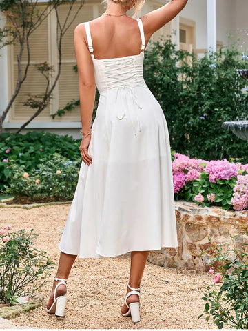 Midi Corset Dress Flowy Slit Lace Up Prom Style Summer Dress Satin & Sox Midi Corset Dress Flowy Slit Lace Up Prom Style Summer Dress Satin & Sox