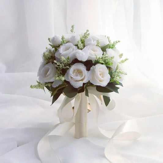 White Silk Roses Artificial Wedding Bouquet