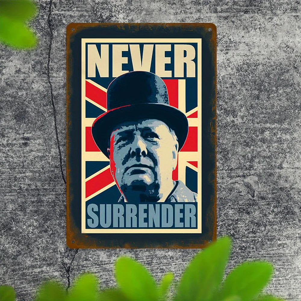 2D Flat,  Vintage Churchill Style "Never Surrender" Aluminum Wall Art - Rustic Metal Poster with British Flag Design
