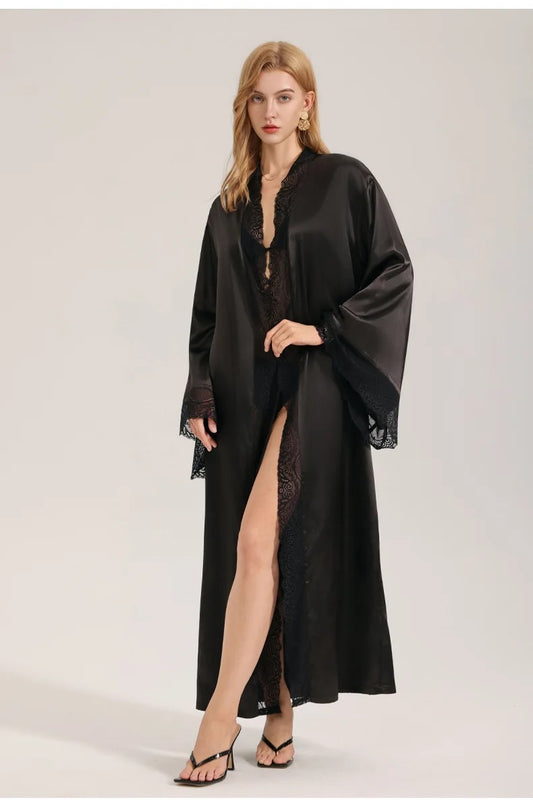 Long Black Satin Robe with Tie Waist Belt