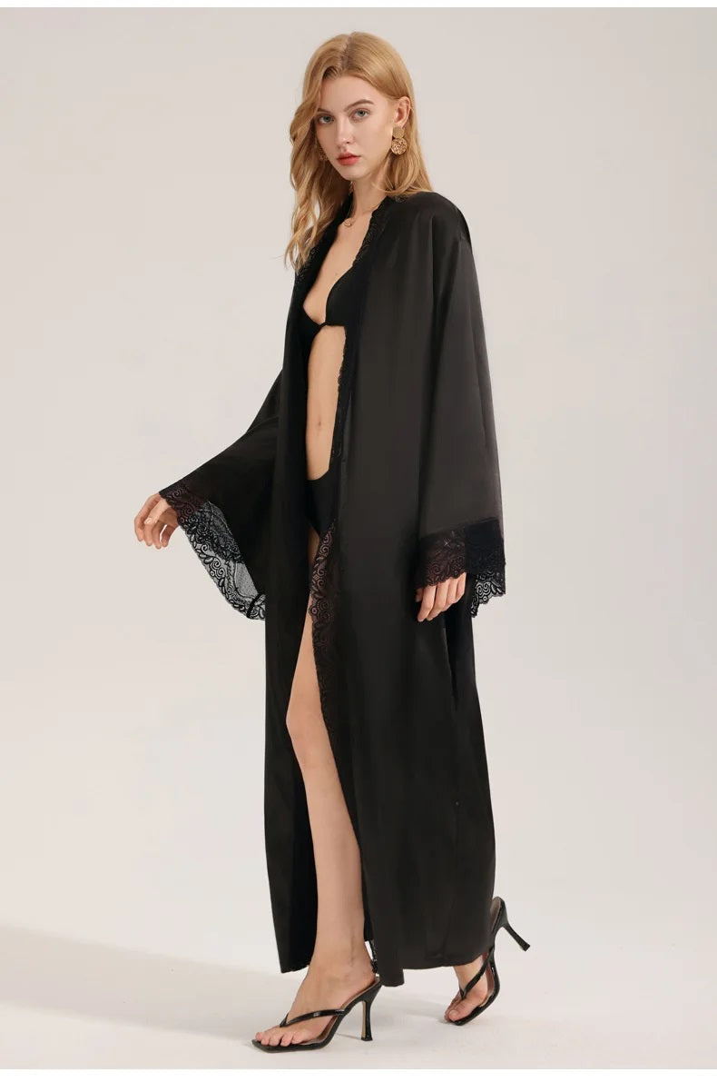 Long Black Satin Robe with Tie Waist Belt