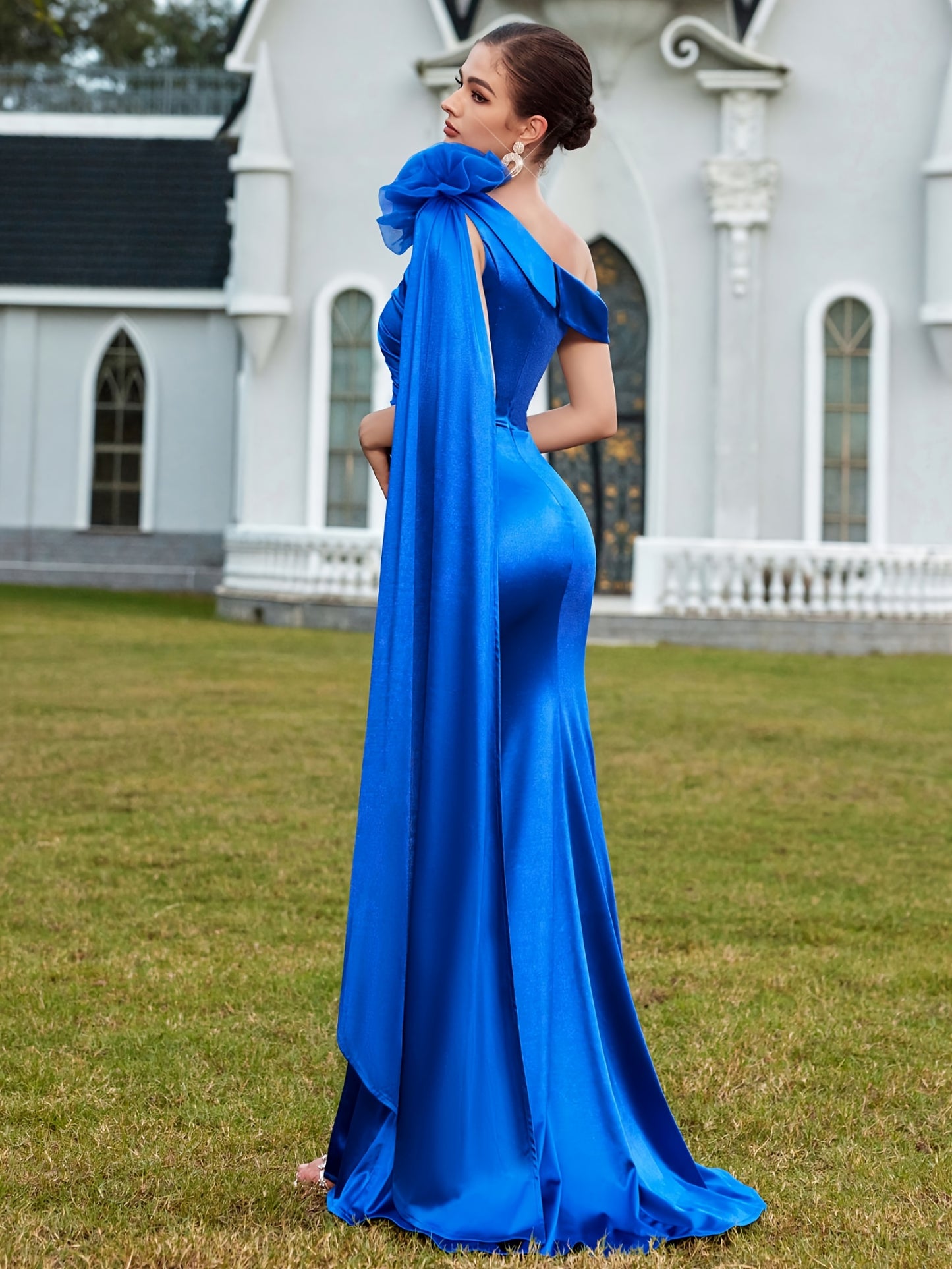 Blue Satin One Shoulder Maxi Split Dress