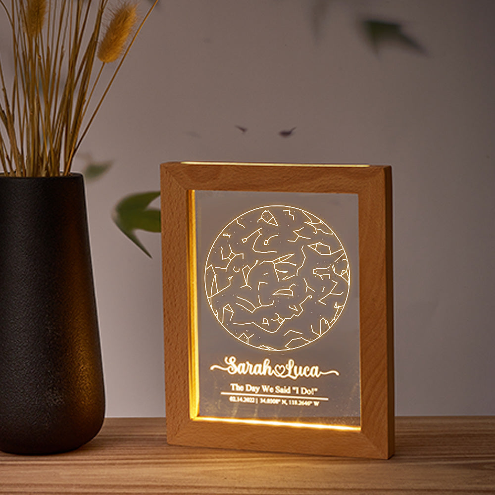 Custom Engraved Star Constellation Night Light with Wood Frame