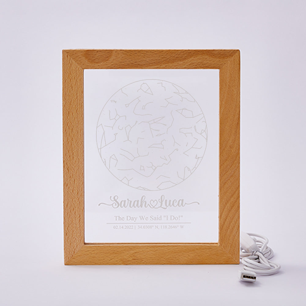 Custom Engraved Star Constellation Night Light with Wood Frame