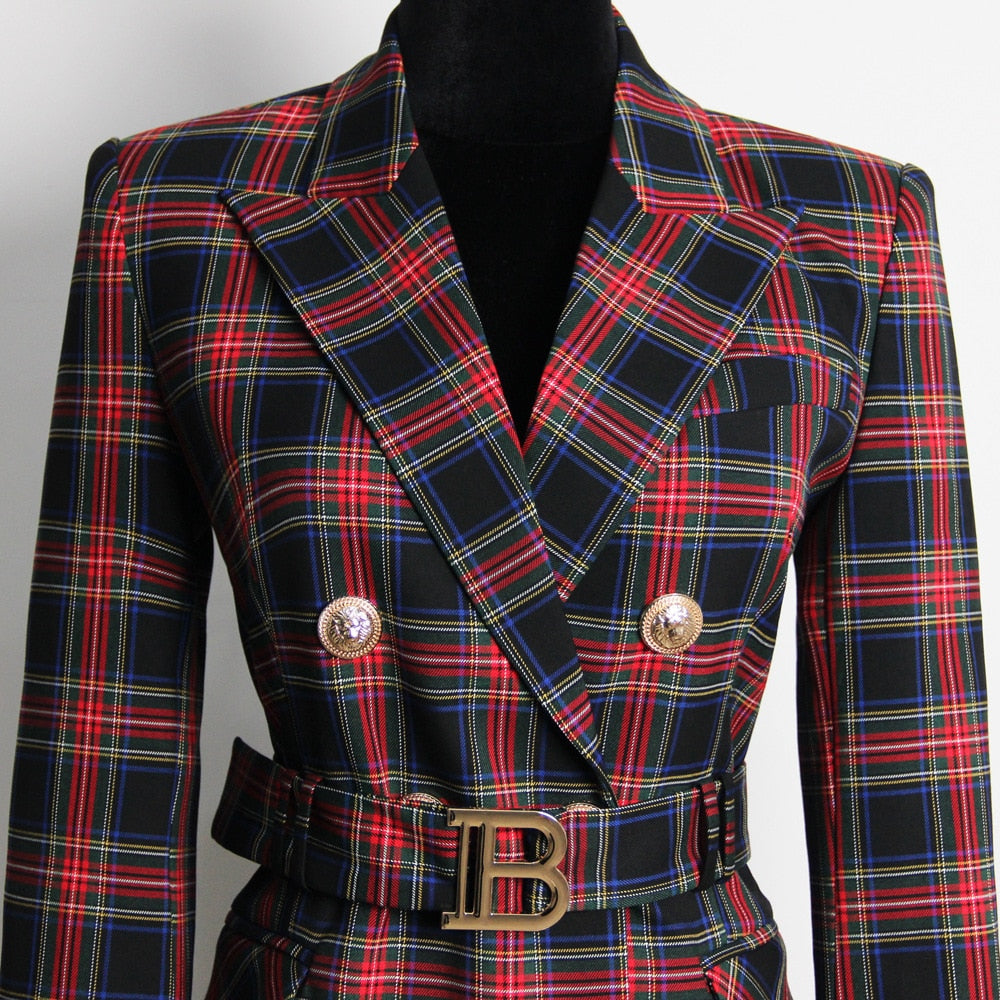 Red Tartan Military Coat with Collar and Belt