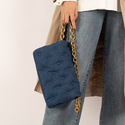 Dark Blue Chesterfield Small Handbag with Chunky Gold Chain Strap