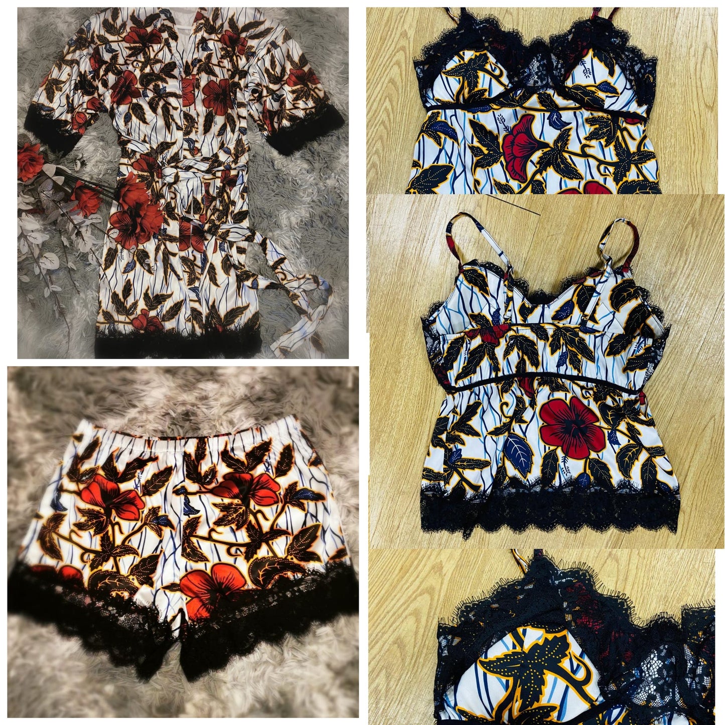 Satin shorts pyjama set in black white and red African inspired print by Lohi