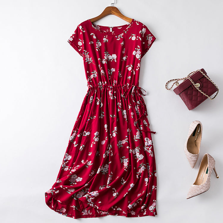 Cotton Short Sleeve Summer Midi Dress in Red and Blue Floral Pattern