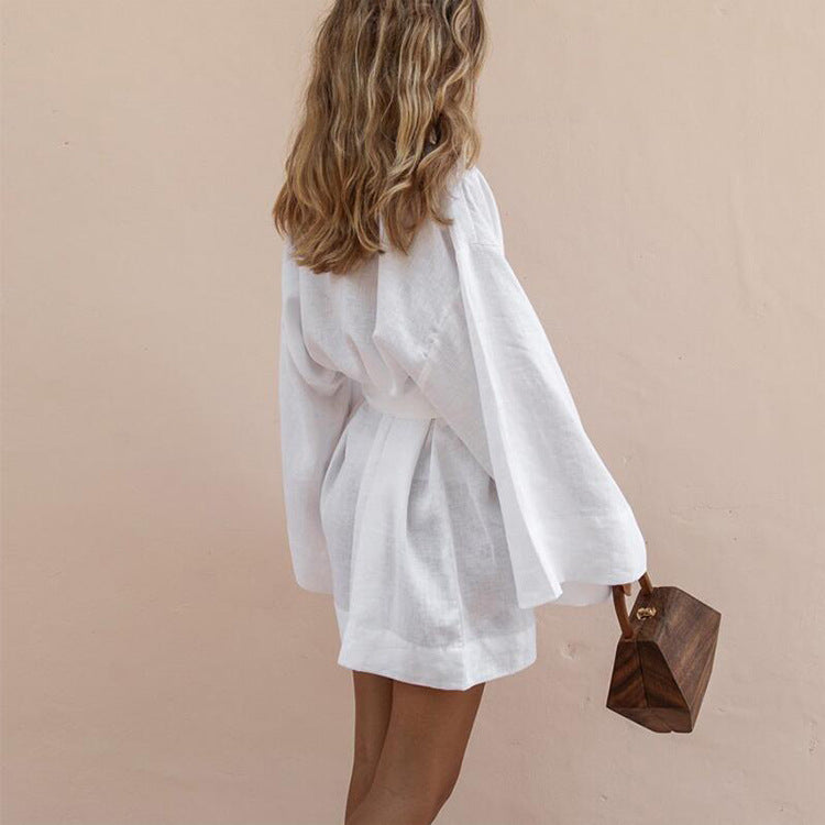 Cotton and linen oversized shirt with belt tie