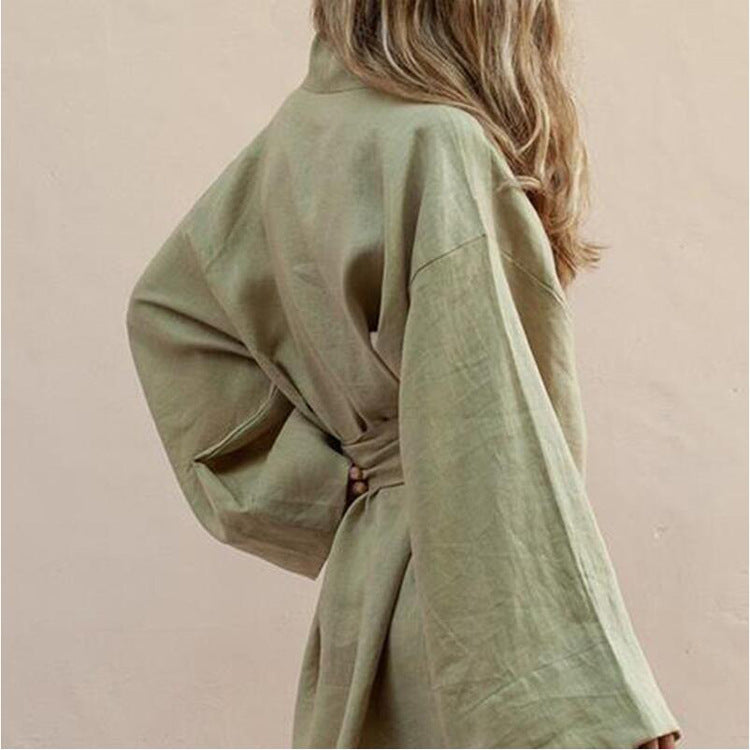 Cotton and linen oversized shirt with belt tie
