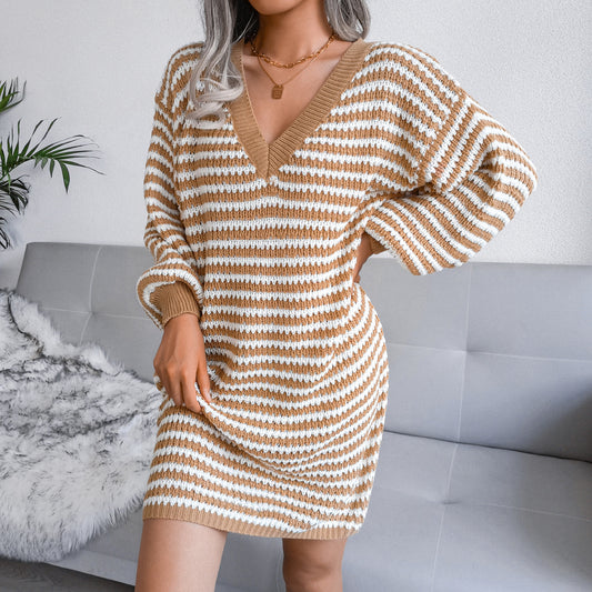 Striped Hollow Wool Dress Knitted Dress