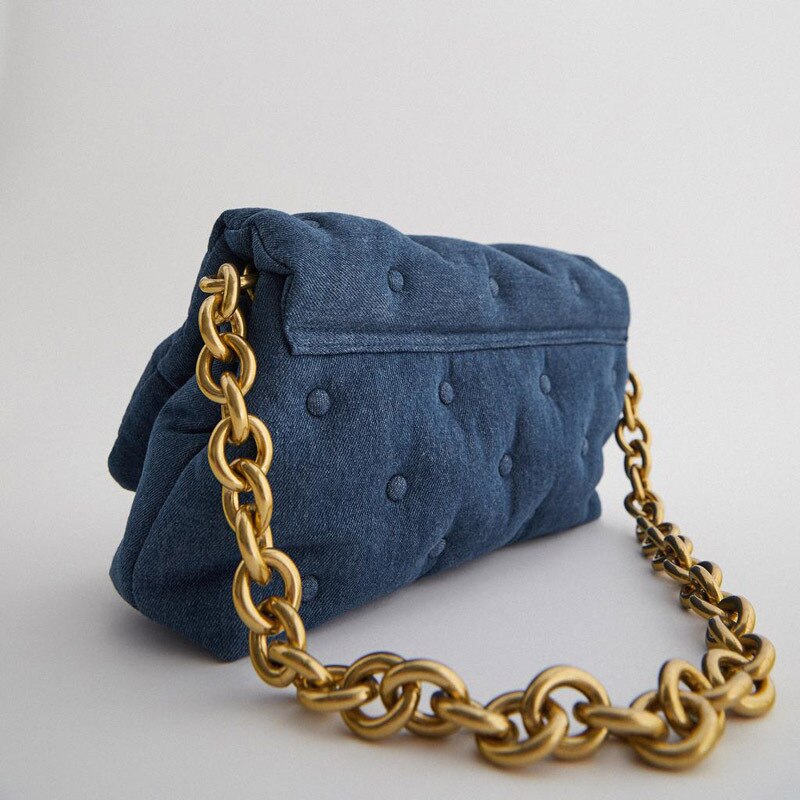 Dark Blue Chesterfield Small Handbag with Chunky Gold Chain Strap