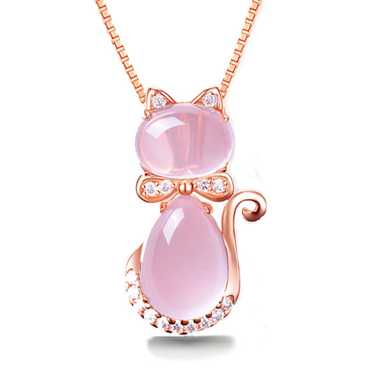 Cute Cat Ross Quartz Pink Opal Jewelry Necklace