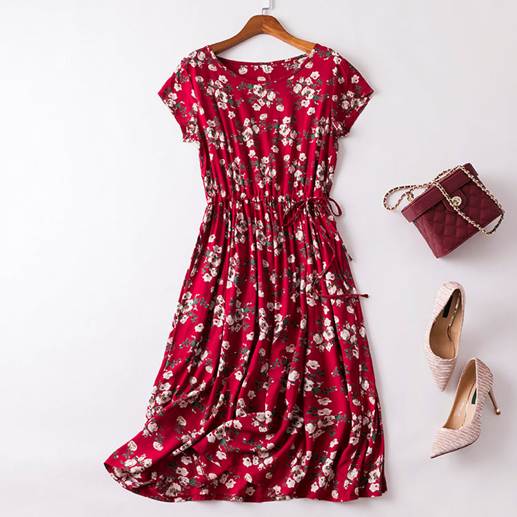 Cotton Short Sleeve Summer Midi Dress in Red and Blue Floral Pattern