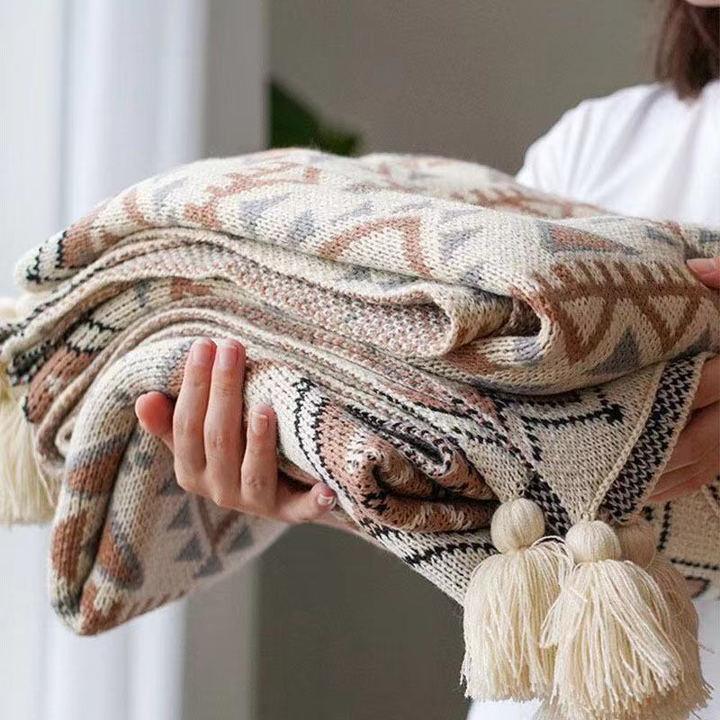 Cream Cashmere Wool Blanket Aztec Print with Tassels