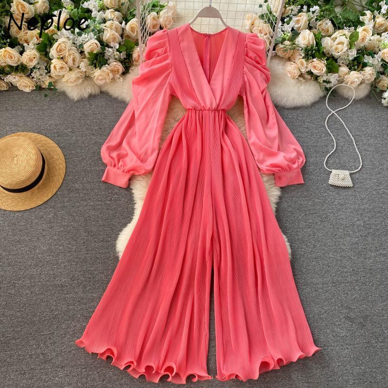 Coral pink pleated long sleeve jumpsuit