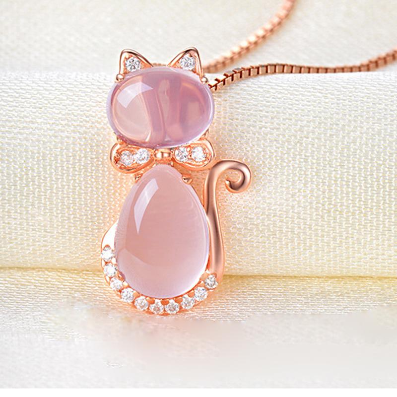 Cute Cat Ross Quartz Pink Opal Jewelry Necklace