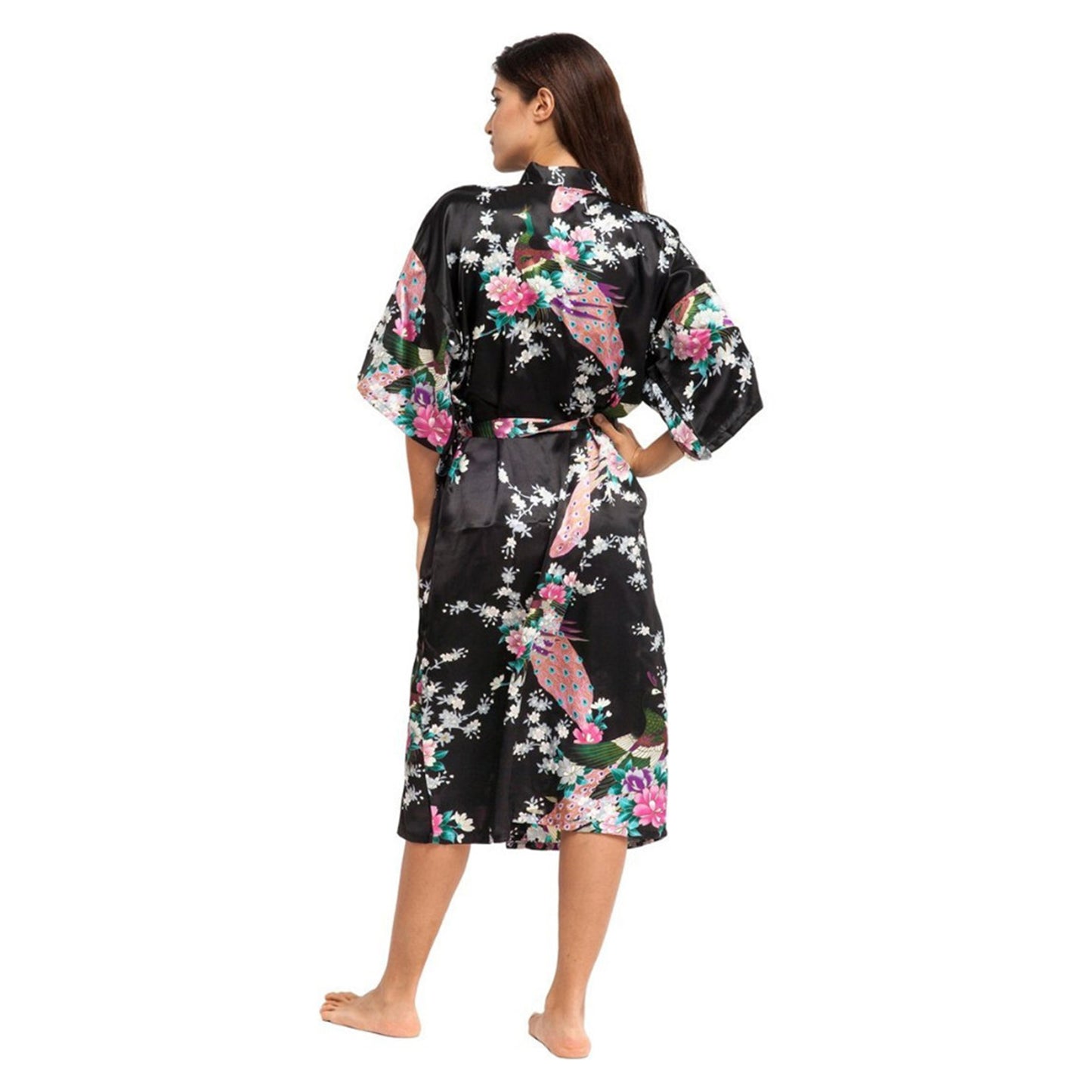 Long Satin Kimono style dressing gown Black and Pink 'Jaeda'