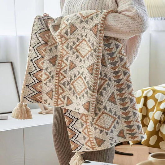 Cream Cashmere Wool Blanket Aztec Print with Tassels