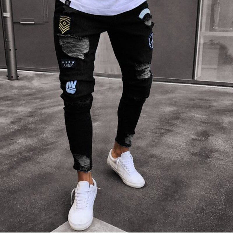 Men's Ripped Distressed Jeans with Emblems