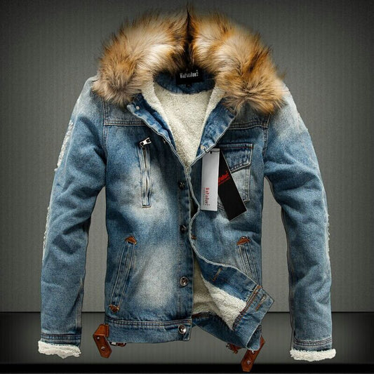 Men Thick Style Denim Coat with Faux Fur Collar