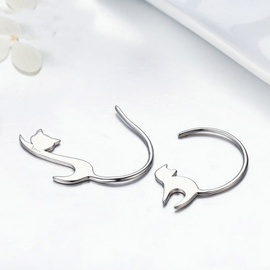 Sterling Silver Cute Little Cat Drop Earrings